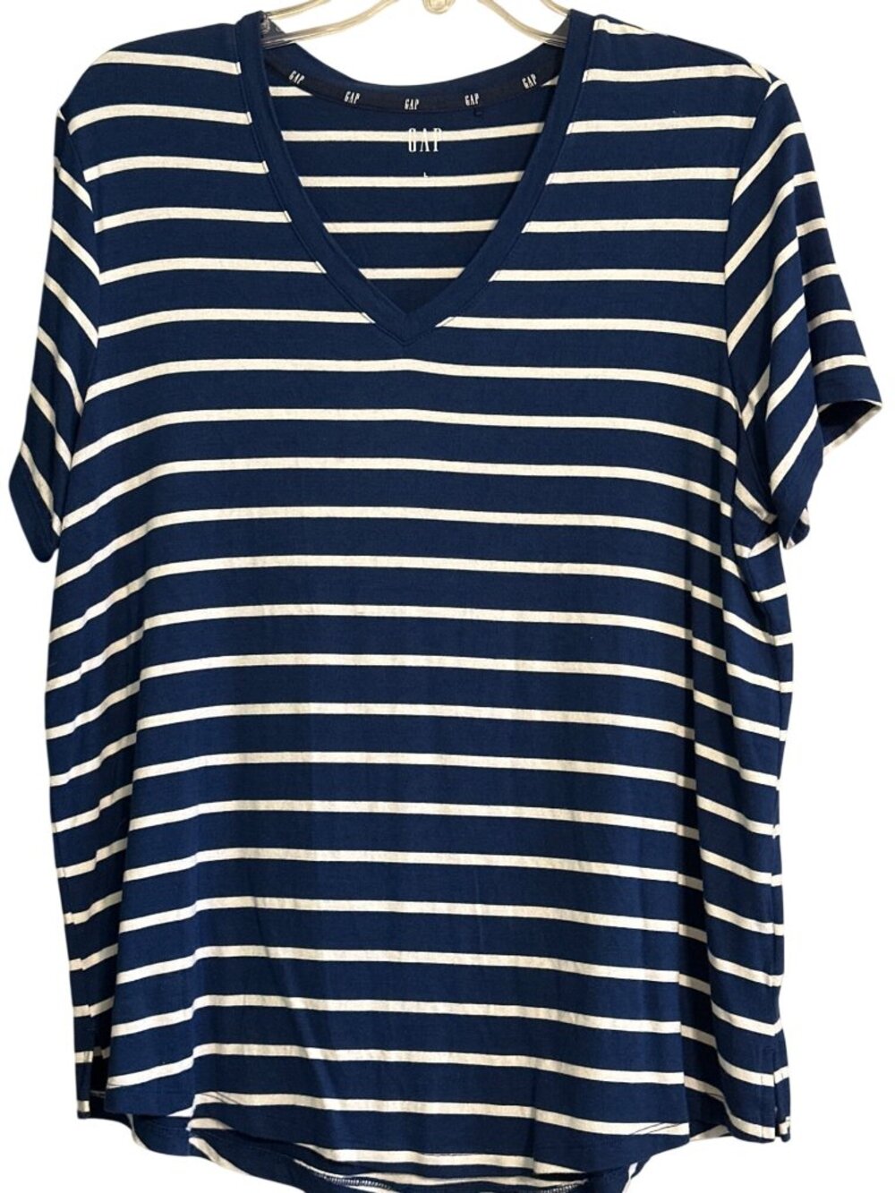 Gap Womens Blue & White Striped V-Neck Short Sleeve T-Shirt Size L Cotton Blend